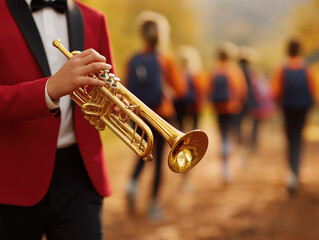 Obraz premium Young musician in a red blazer holds a shiny trumpet while walking on a path surrounded by autumn trees, with blurred figures of fellow students in the background, showcasing a vibrant school event