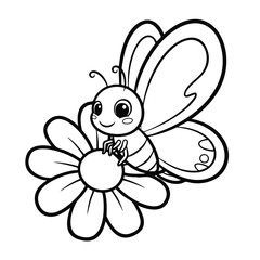 Obraz premium Cute cartoon butterfly perched on a flower with large wings and a smiling face in black and white line art