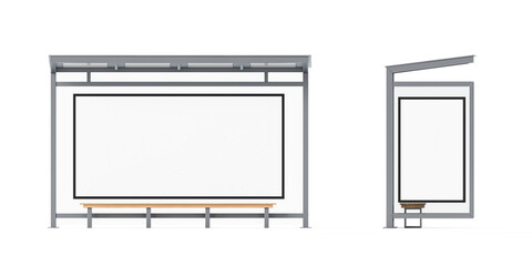 Outdoor bus stop with blank billboard template for advertising mockup, front and side view illustration with modern design concept on white background. 3D Rendering