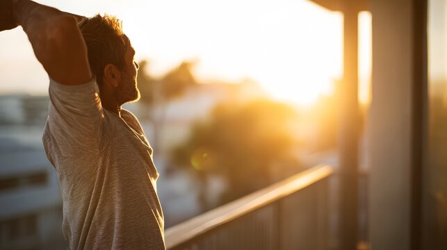 Man stretching on balcony in morning sunlight, fresh lifestyle