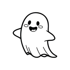 Cute happy cartoon ghost character with smiling face and blushing cheeks in simple black and white line art