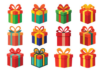 Fototapeta premium Twelve Colorful Cartoon Gift Boxes with Bows