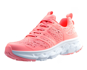 Single pink athletic sneaker shows laces and white sole 