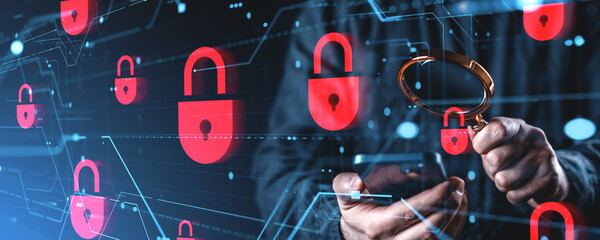 Red padlock icons over digital screen with magnifying glass and smartphone concept.