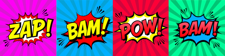 Comic Book Sound Effect Panels – ZAP BAM POW Pop Art Vector Set Colorful Comic Onomatopoeia – Action Words in Retro Pop Style
