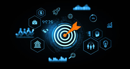 Business target marketing strategy concept with digital icons and orange dart on center of bullseye over dark background in 3D Rendering. 3D Rendering