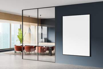 Modern office interior with glass wall conference room and large vertical poster mockup on a dark blue wall. 3D Rendering