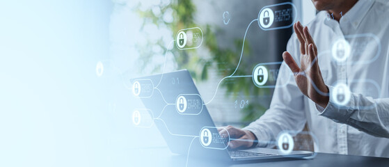 Cybersecurity technology concept showing man interacting with di
