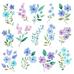 A collection of watercolor flowers in various shades of blue and purple