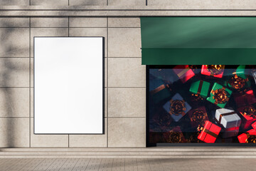 Storefront Christmas concept with blank poster mockup beside festive gift display and green awning on beige tiled wall background in daylight scene. 3D Rendering