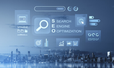 SEO and digital marketing interface above New York skyline at night.