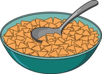Cartoon bowl of orange triangular chips with spoon, snack food illustration for culinary themes, nutrition content, and playful food-related storytelling design