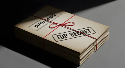 A stack of top secret intelligence documents tied with red string.