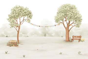 Cute watercolor landscape with green trees decorated with garland of flags, lawn with bench and beautiful big tree stump. Hand-drawn template for your cartoon wallpaper design, mural or background.