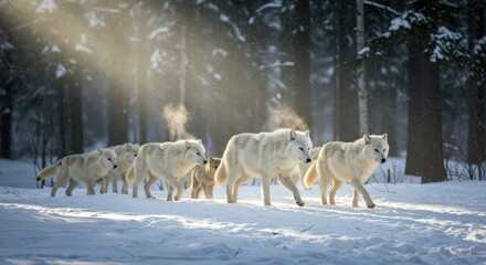 Majestic pack of white wolves traversing snowy forest under radiant sunlight, evoking strength, resilience, and the spirit of nature