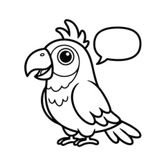Black and white line art illustration of a cartoon parrot with a speech bubble on a plain background