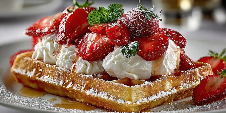 Ripe red strawberries and whipped cream on a crisp golden waffle dusted with sugar. - Powered by Adobe