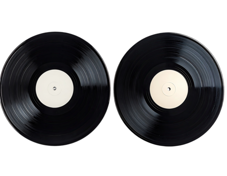 Two vinyl records, side-by-side, with blank white labels
