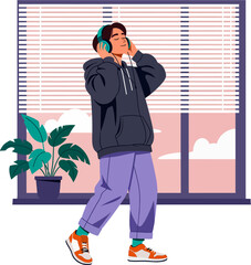 Illustration of a teenager with earphones enjoying music at home, walking leisurely in front of the window. Young listening to music with headphones in front of the window in a relaxed atmosphere.