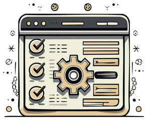 Fototapeta premium Website Interface with Tick Marks, Gear and Text Blocks Showing Completed Tasks and Settings Configuration