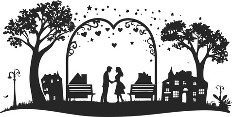 Naklejka premium Romantic couple silhouetted under heart archway in park with trees and buildings