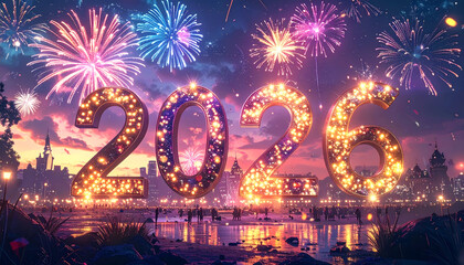 New Year celebration with sparkling and light bokeh 2026 decorations and festive lights and fireworks and cityscape in background generative AI