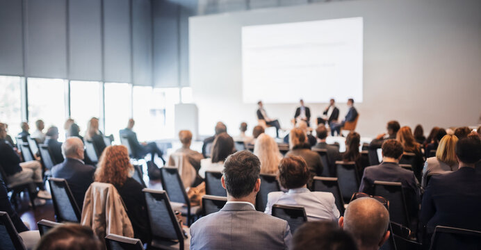 Interview and round table discussion at business convention and presentation. Audience at the conference hall. Business and entrepreneurship symposium. - Powered by Adobe