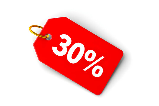 Bright red 30 percent discount tag for sales promotions and savings offers