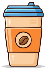 Cartoon coffee cup with blue lid and coffee bean symbol illustration
