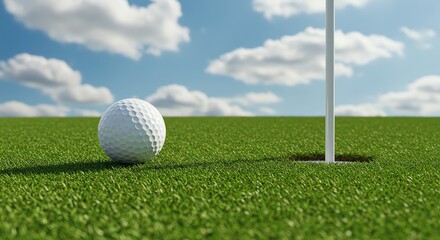 Obraz premium Golf ball on green grass near hole