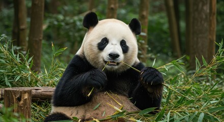 Fototapeta premium Adorable panda enjoying bamboo in a lush green forest, perfect for wildlife, conservation, and nature projects