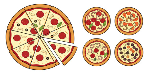 A realistic top-down view of a variety of whole pizzas displayed in a clean, evenly spaced layout on a white background. Each pizza features different toppings such as pepperoni, mushrooms, olives, on