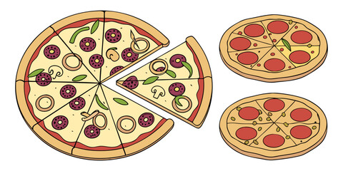 A realistic top-down view of a variety of whole pizzas displayed in a clean, evenly spaced layout on a white background. Each pizza features different toppings such as pepperoni, mushrooms, olives, on