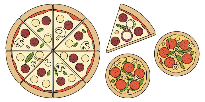 A realistic top-down view of a variety of whole pizzas displayed in a clean, evenly spaced layout on a white background. Each pizza features different toppings such as pepperoni, mushrooms, olives, on