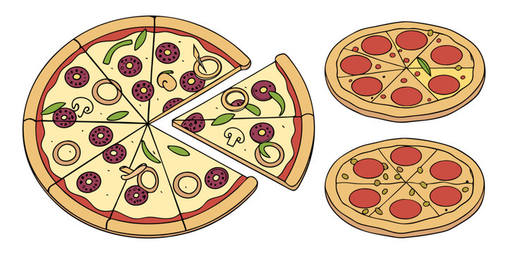 A realistic top-down view of a variety of whole pizzas displayed in a clean, evenly spaced layout on a white background. Each pizza features different toppings such as pepperoni, mushrooms, olives, on