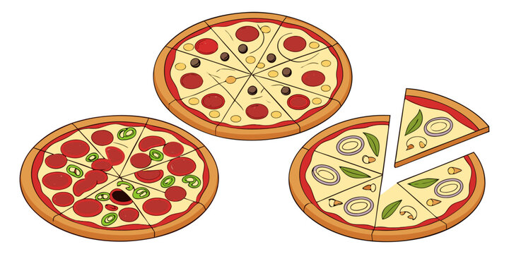 A realistic top-down view of a variety of whole pizzas displayed in a clean, evenly spaced layout on a white background. Each pizza features different toppings such as pepperoni, mushrooms, olives, on