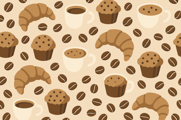 Coffee, Croissant and Muffin Seamless Pattern � Warm Flat Design