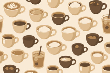 Seamless Coffee Cup Pattern � Latte, Cappuccino, Black Coffee, and Iced Coffee Design