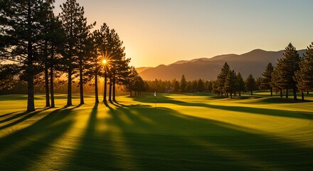 Golf course landscape with sunset and mountains
