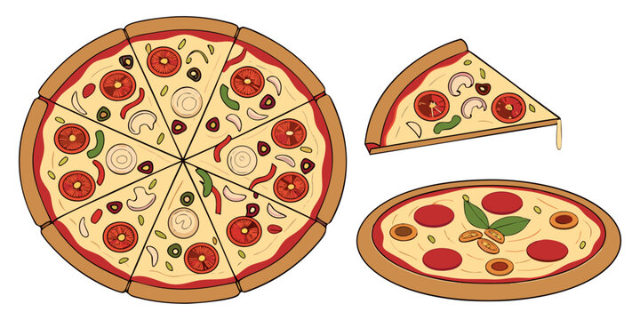 A realistic top-down view of a variety of whole pizzas displayed in a clean, evenly spaced layout on a white background. Each pizza features different toppings such as pepperoni, mushrooms, olives, on