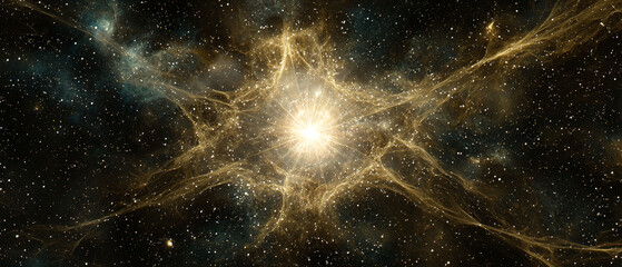 Cosmic explosion: Golden nebula bursts from bright star, scattered across dark space