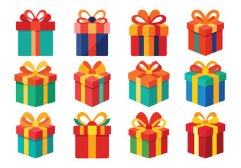 Twelve Colorful Gift Boxes with Bows for Holidays