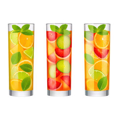 Three tall glasses filled with colorful refreshing fruit infused water drinks and mint leaves