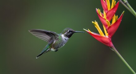 Naklejka premium Hummingbird hovering near vibrant red and yellow flower during flight, capturing nature's beauty and intricate details