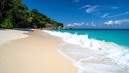 Tropical Beach Paradise: Azure Waters, White Sand, and Lush Greenery