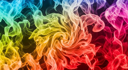 A vibrant swirling design of multicolored smoke, displaying a dynamic interplay of rainbow hues against a dark backdrop.