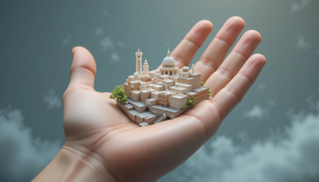 A human hand with a minimalist stylized 3D model of an antic city in the palm. 