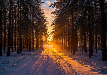 Winter forest illuminated by setting sun light creating ethereal atmosphere