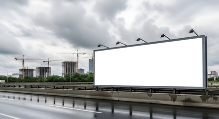 Obraz premium Blank billboard along wet highway with construction in background