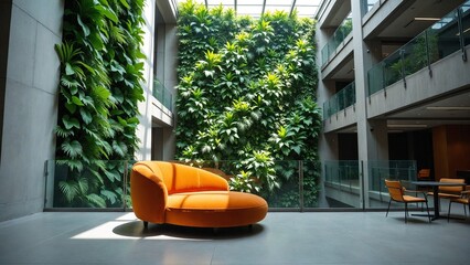 Modern biophilic office interior with a stunning living wall, promoting sustainability, wellness, and a connection to nature in the workplace.
